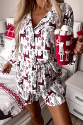 Weißes Lounge-Set mit Hemd und Shorts mit Weihnachtshirsch-Print